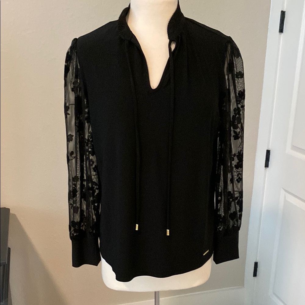 Elegant Black Blouse with Sheer Floral Sleeves